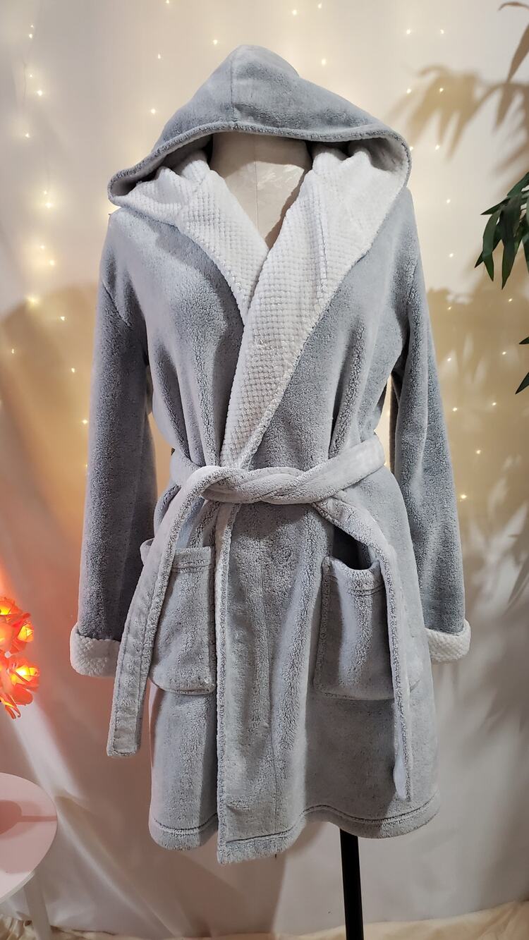 Topshop Plush Sherpa Fleece Lined Hooded Robe Womens Size 4-6 Gray Cozy Pockets